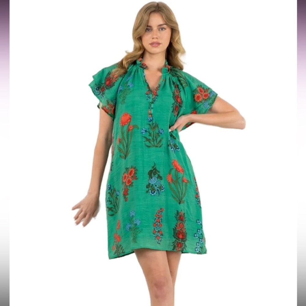 THML Green Floral Flutter Sleeve Ruffle Mini Dress. Size Small. Retail $88.